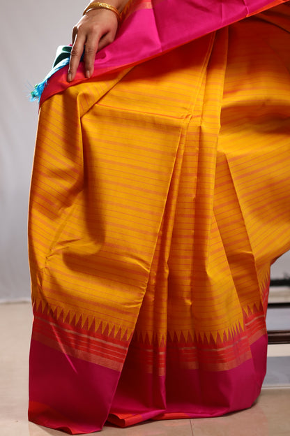 Marigold Turquoise & Fuchsia Kanjivaram Silk