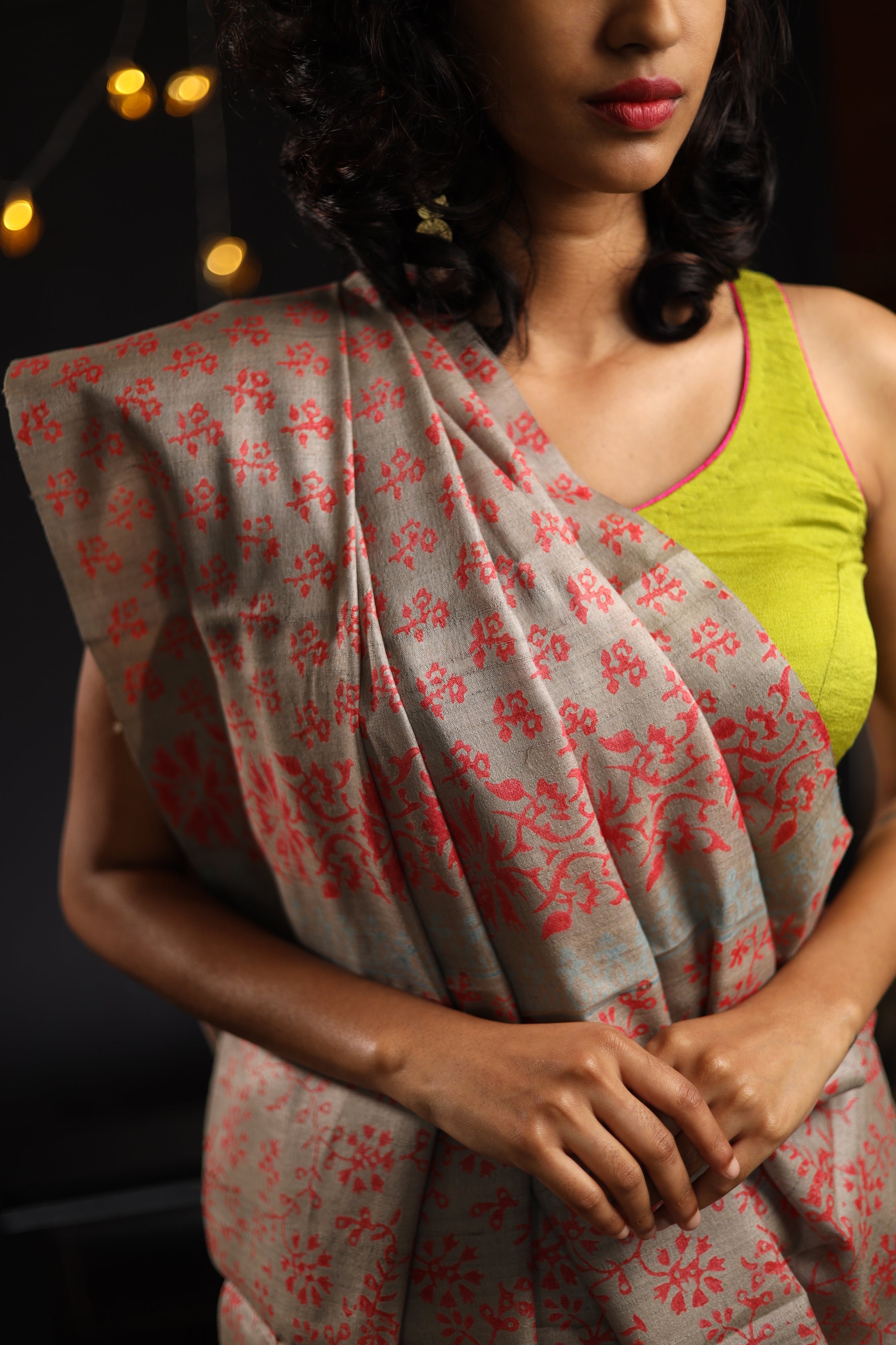 Flowers Bloom from the Concrete Handblock Printed Handwoven Tussar Silk Saree