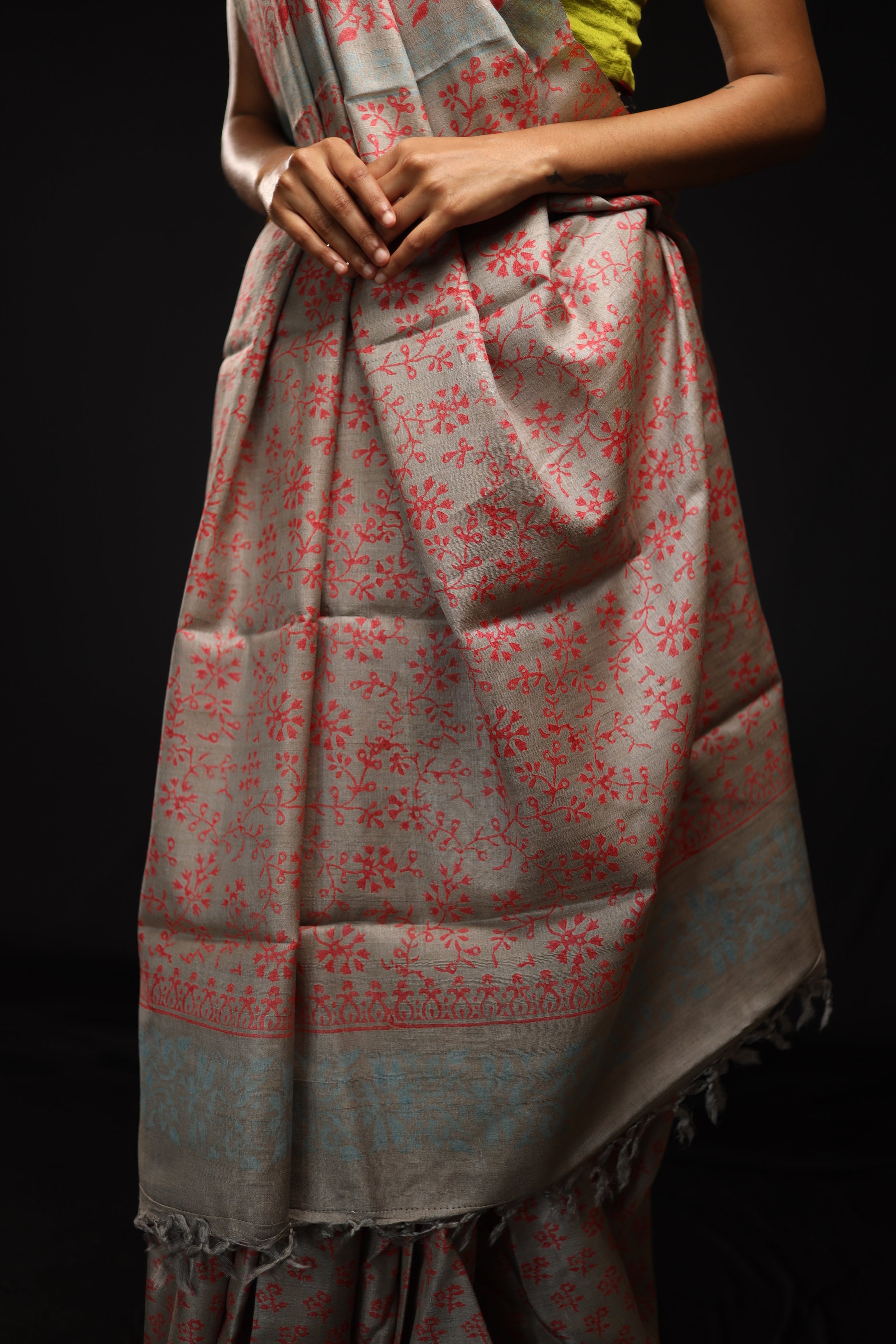 Flowers Bloom from the Concrete Handblock Printed Handwoven Tussar Silk Saree