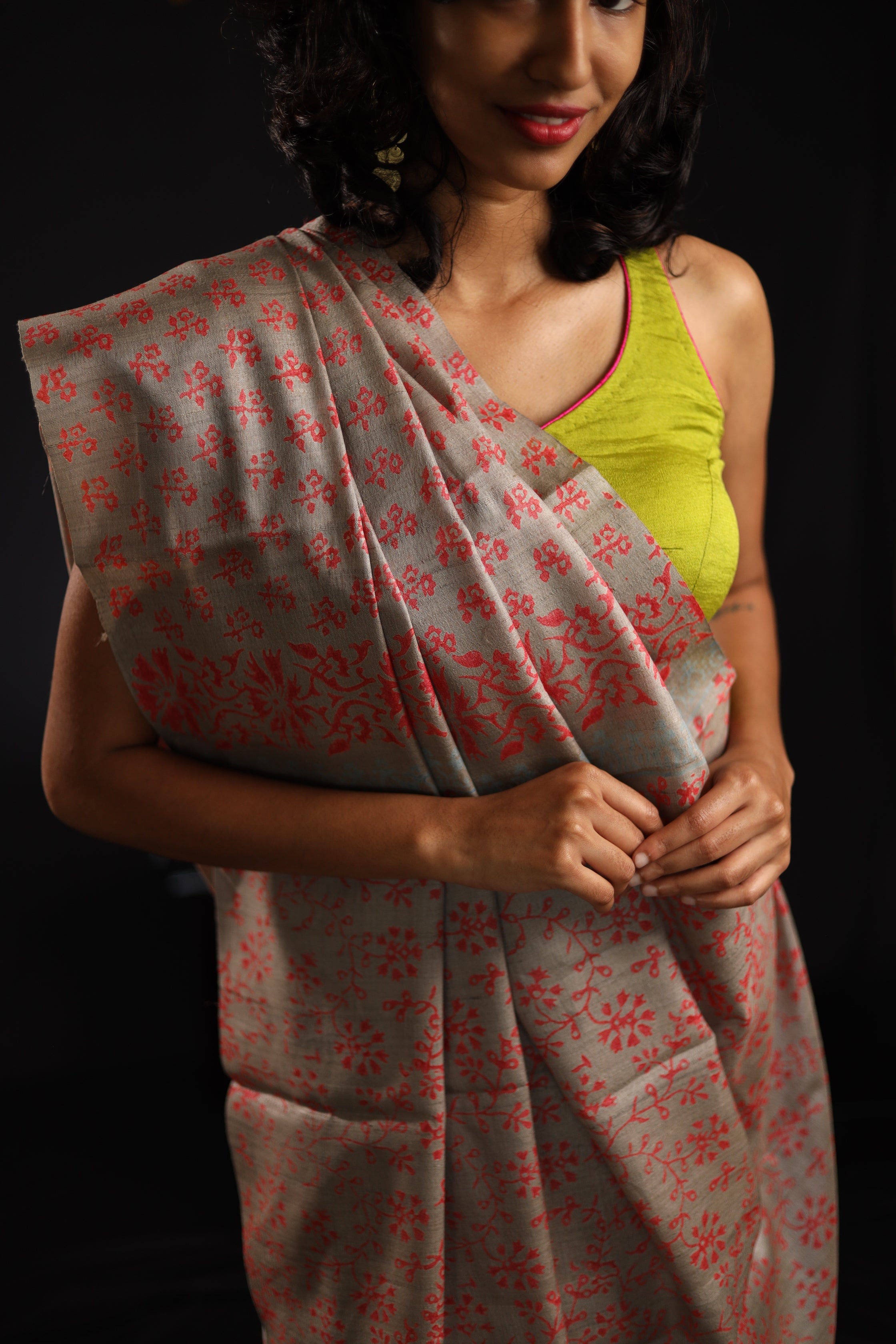 Flowers Bloom from the Concrete Handblock Printed Handwoven Tussar Silk Saree