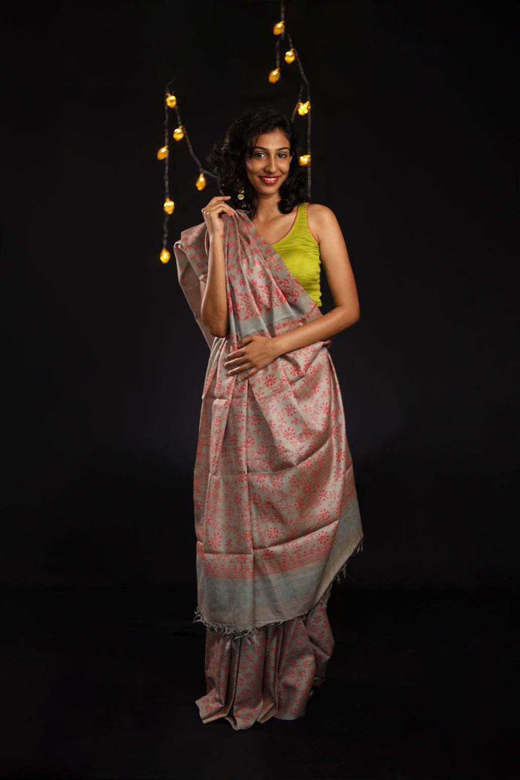 Flowers Bloom from the Concrete Handblock Printed Handwoven Tussar Silk Saree