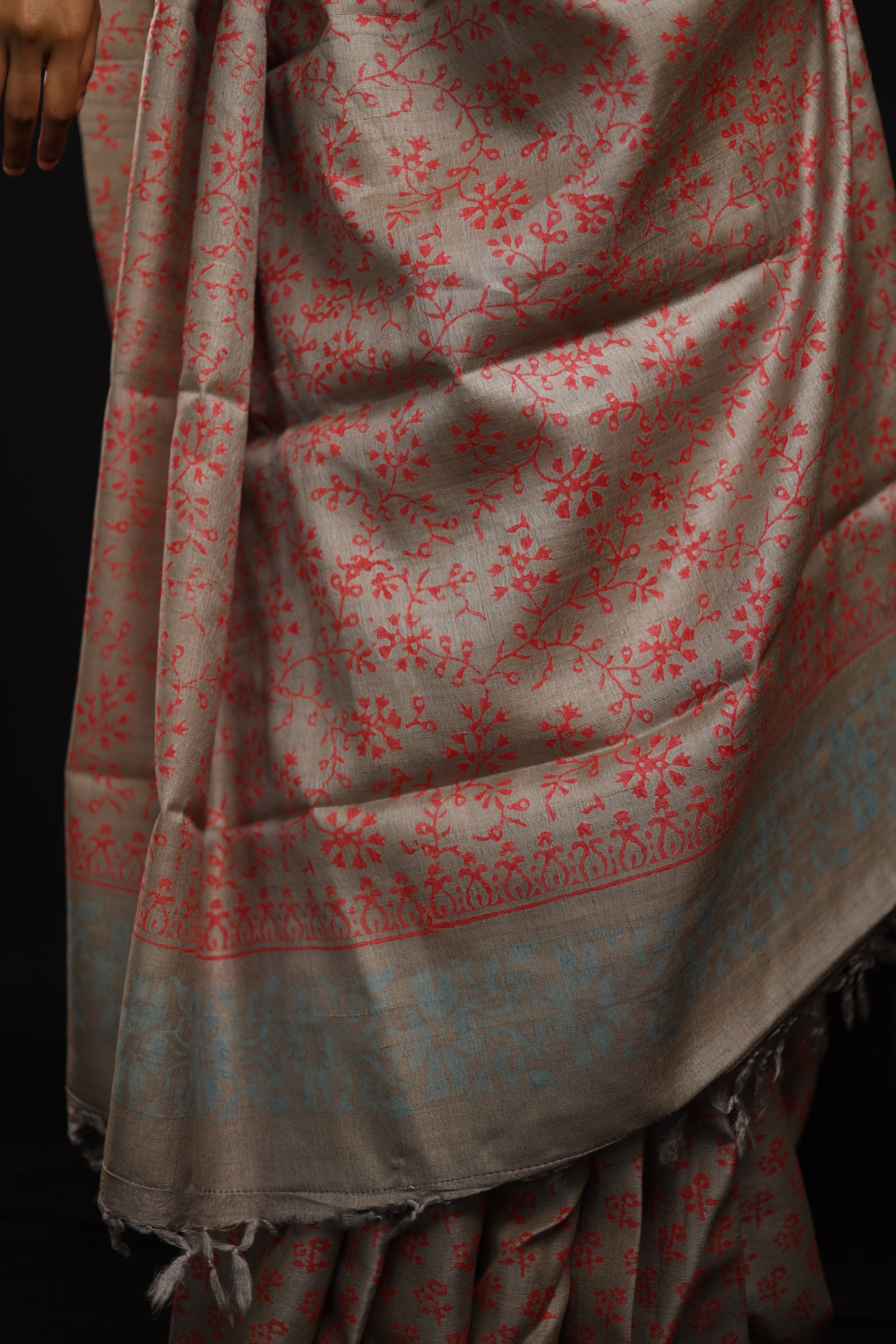 Flowers Bloom from the Concrete Handblock Printed Handwoven Tussar Silk Saree