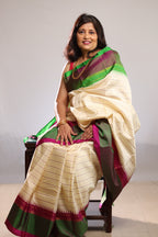 Ivory Striped Kanjivaram Silk with Broad Two-Tone Borders
