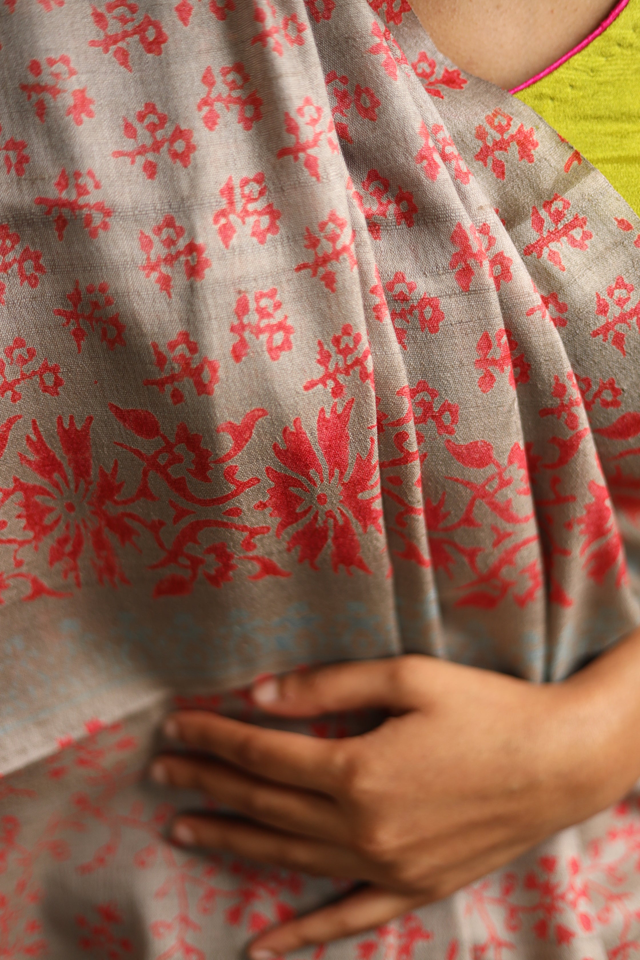 Flowers Bloom from the Concrete Handblock Printed Handwoven Tussar Silk Saree