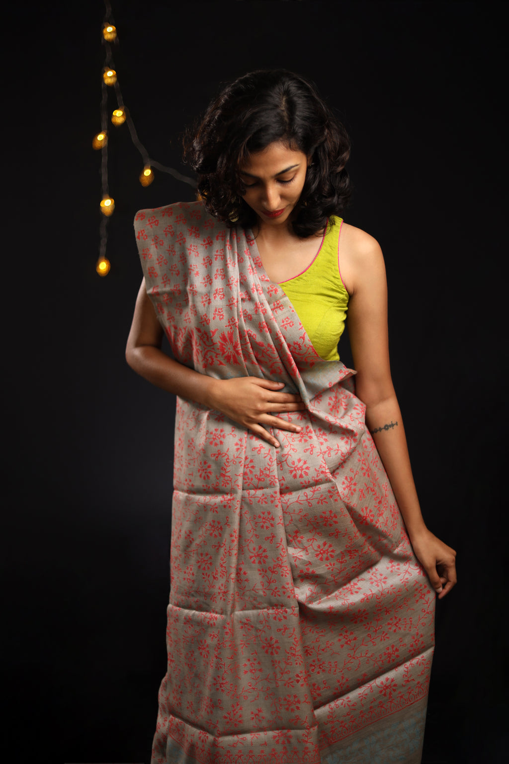 Flowers Bloom from the Concrete Handblock Printed Handwoven Tussar Silk Saree
