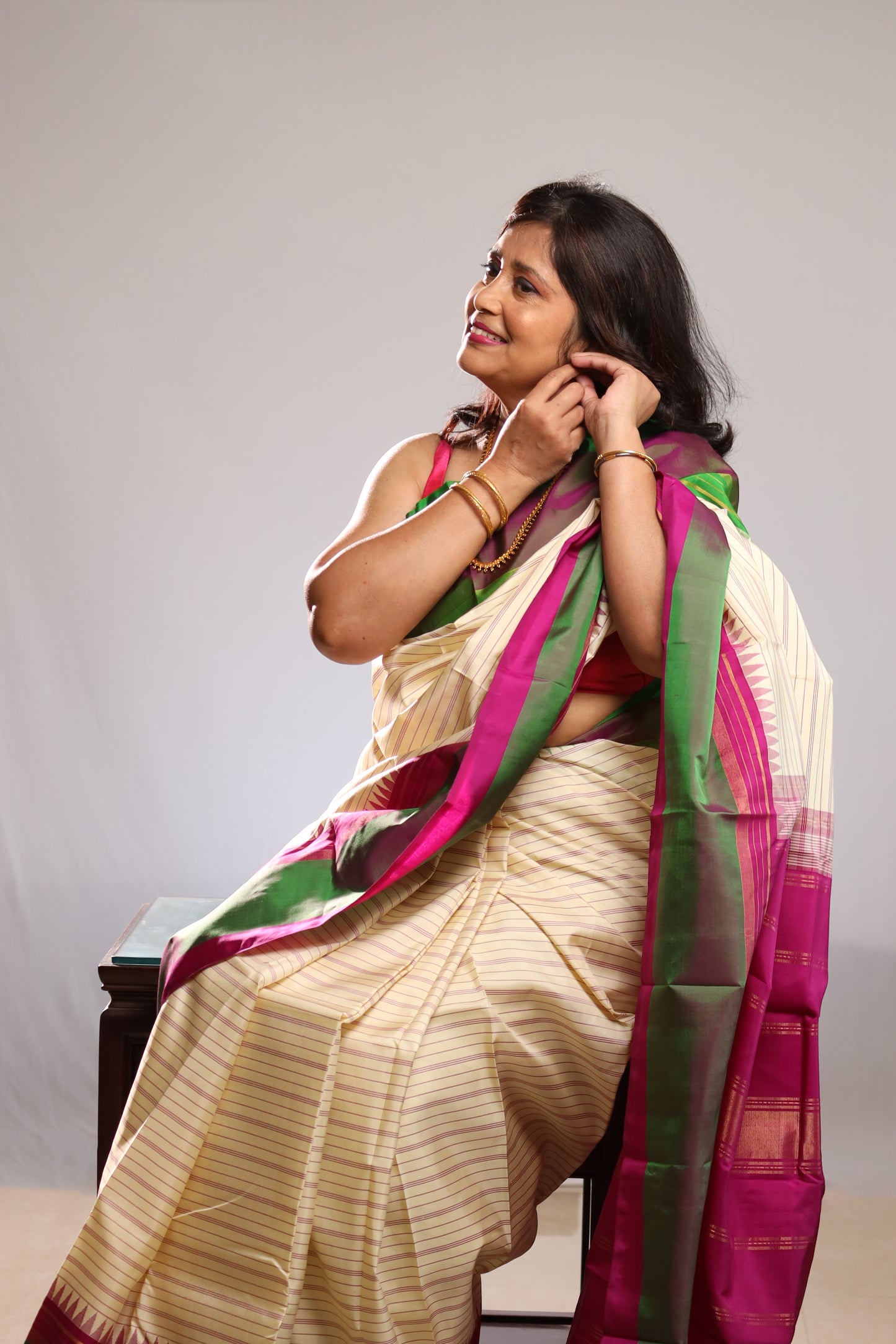 Ivory Striped Kanjivaram Silk with Broad Two-Tone Borders