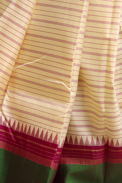 Ivory Striped Kanjivaram Silk with Broad Two-Tone Borders