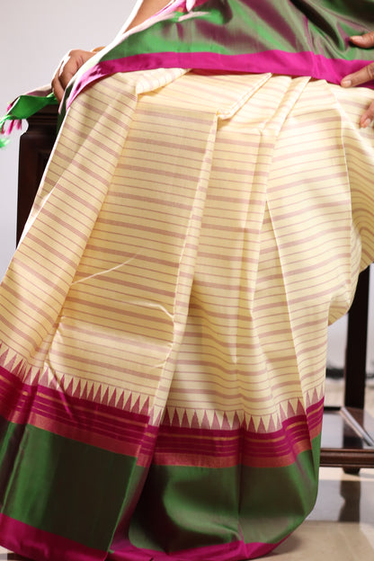 Ivory Striped Kanjivaram Silk with Broad Two-Tone Borders