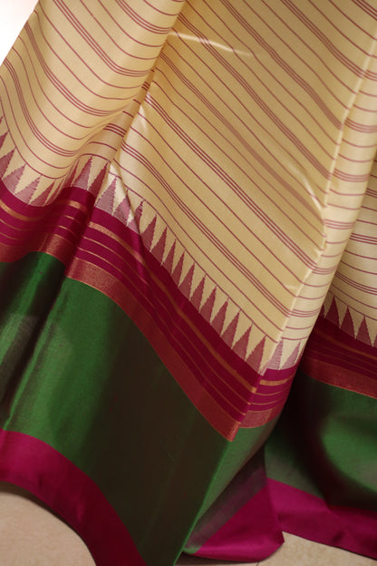 Ivory Striped Kanjivaram Silk with Broad Two-Tone Borders