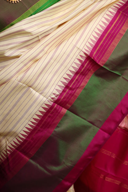 Ivory Striped Kanjivaram Silk with Broad Two-Tone Borders