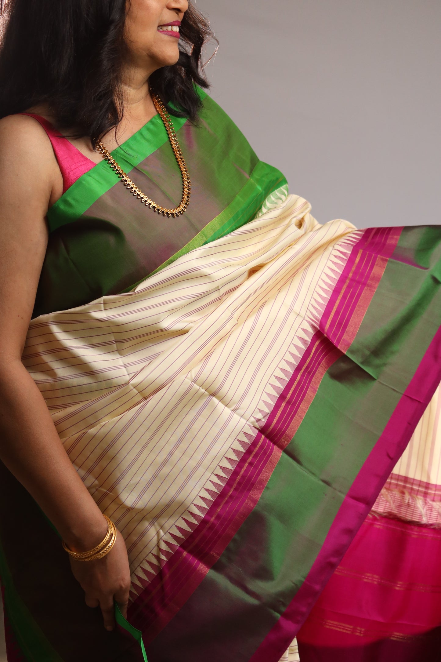 Ivory Striped Kanjivaram Silk with Broad Two-Tone Borders