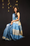 Seigaiha Waves Blue Handblock Printed Handwoven Tussar Silk Saree