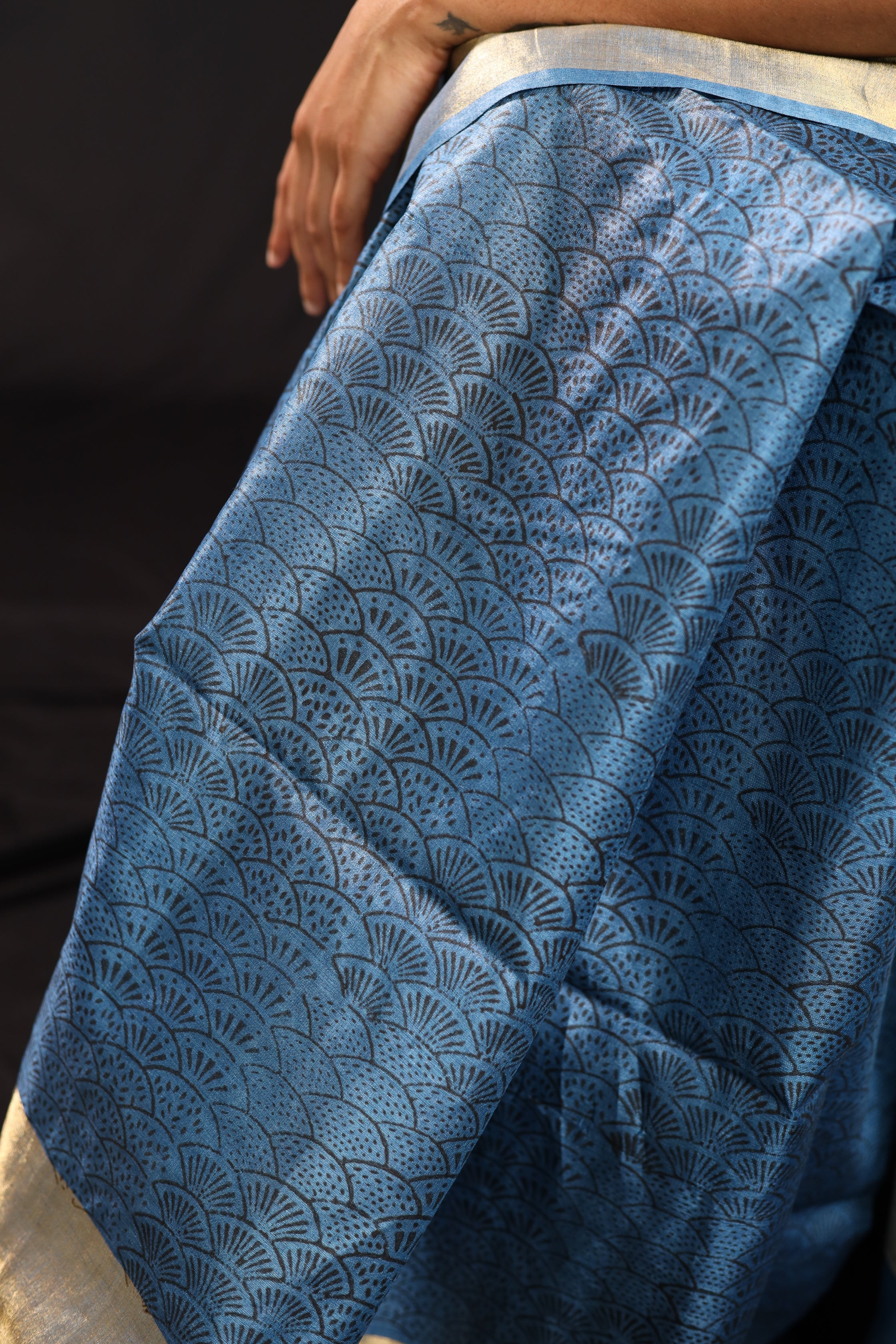 Seigaiha Waves Blue Handblock Printed Handwoven Tussar Silk Saree