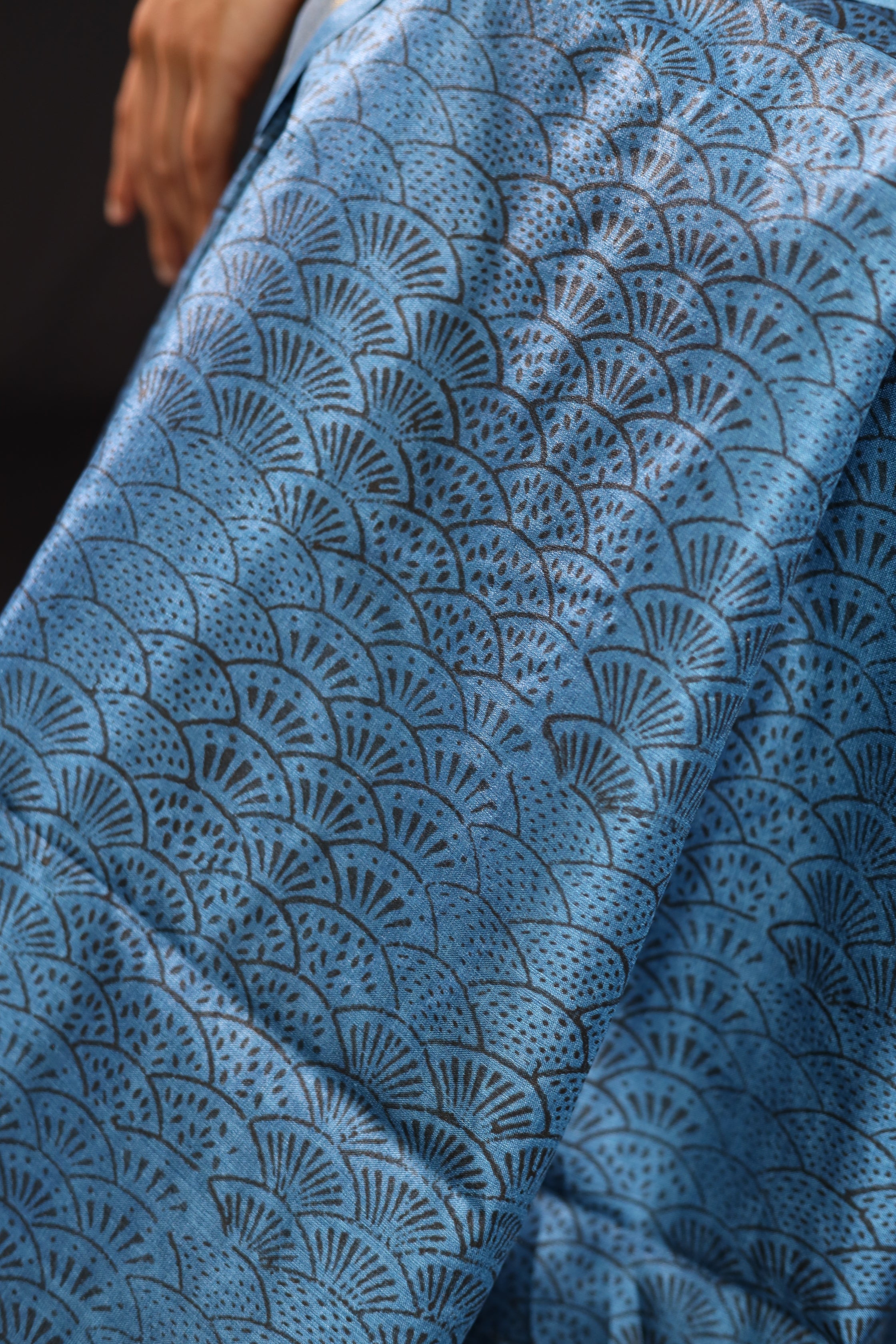 Seigaiha Waves Blue Handblock Printed Handwoven Tussar Silk Saree