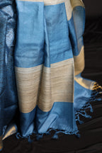 Seigaiha Waves Blue Handblock Printed Handwoven Tussar Silk Saree