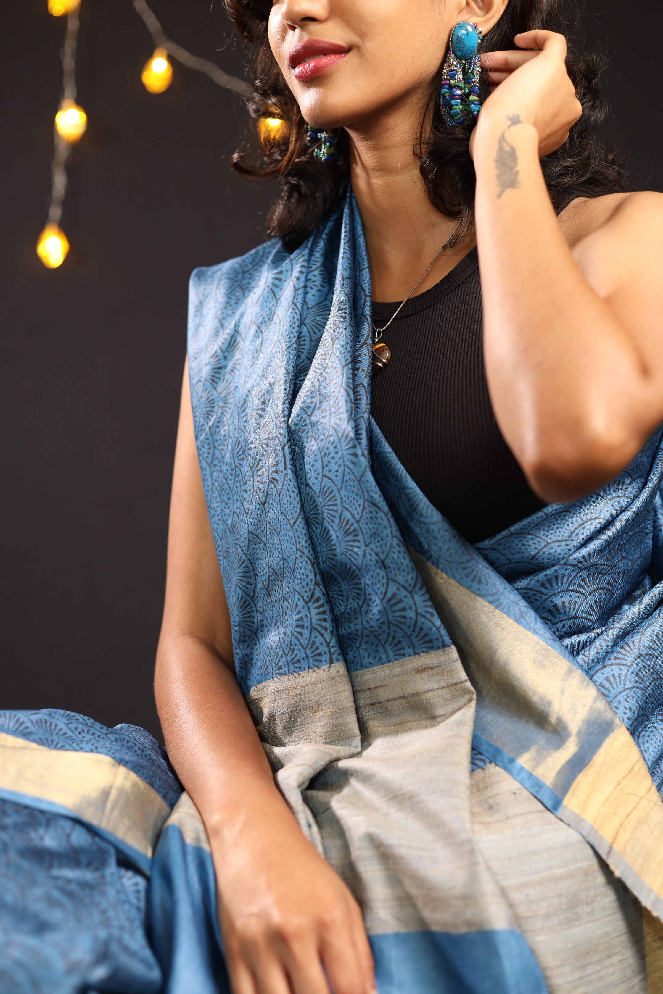 Seigaiha Waves Blue Handblock Printed Handwoven Tussar Silk Saree