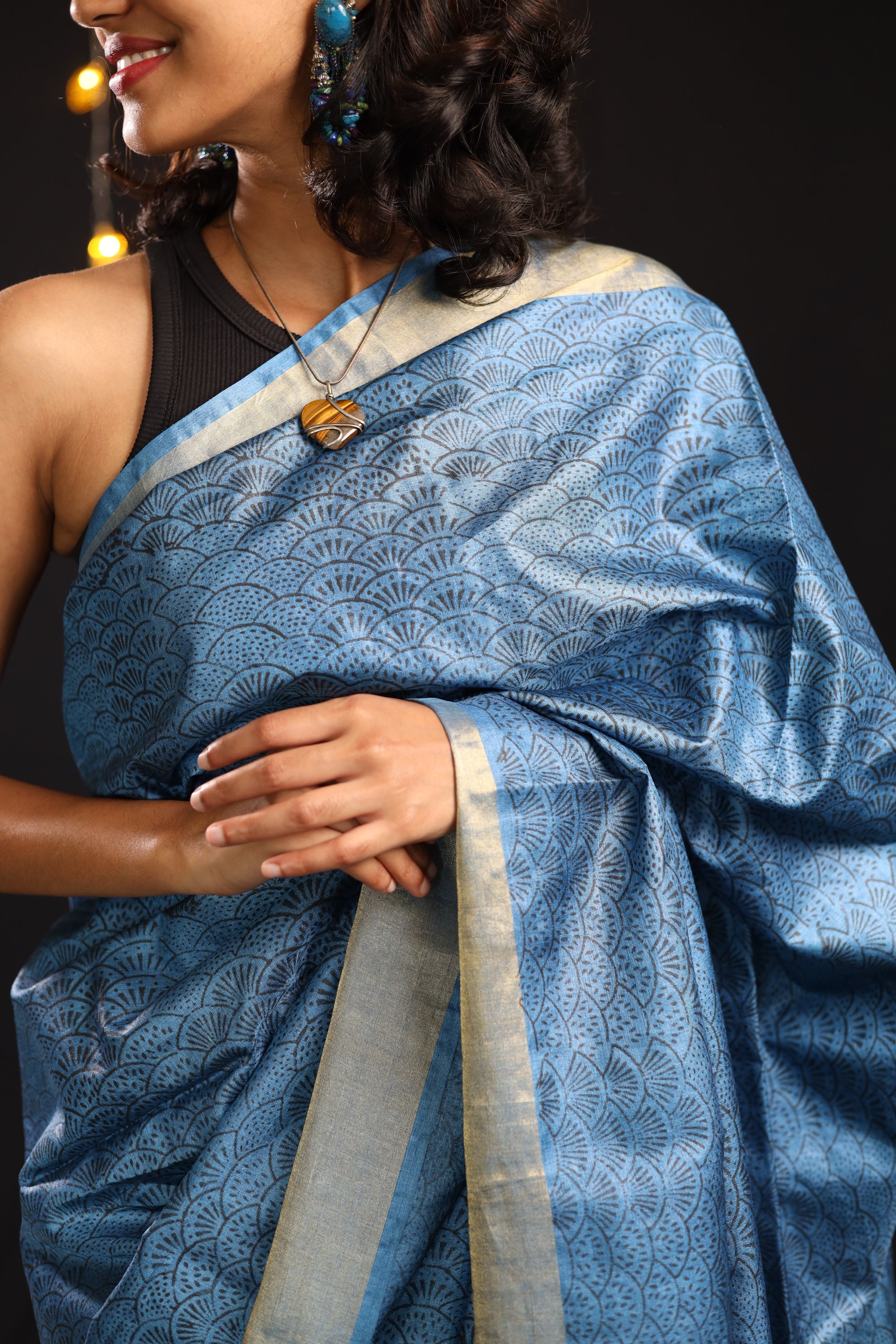 Seigaiha Waves Blue Handblock Printed Handwoven Tussar Silk Saree