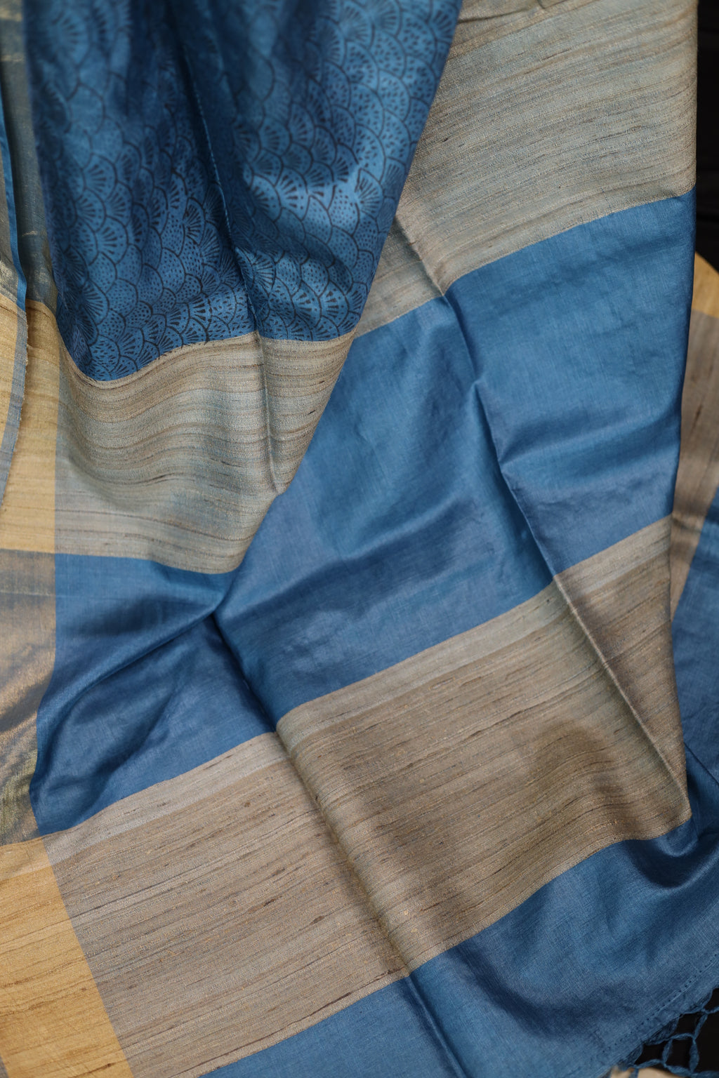 Seigaiha Waves Blue Handblock Printed Handwoven Tussar Silk Saree