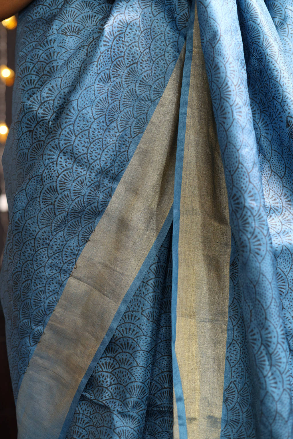 Seigaiha Waves Blue Handblock Printed Handwoven Tussar Silk Saree
