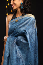 Seigaiha Waves Blue Handblock Printed Handwoven Tussar Silk Saree