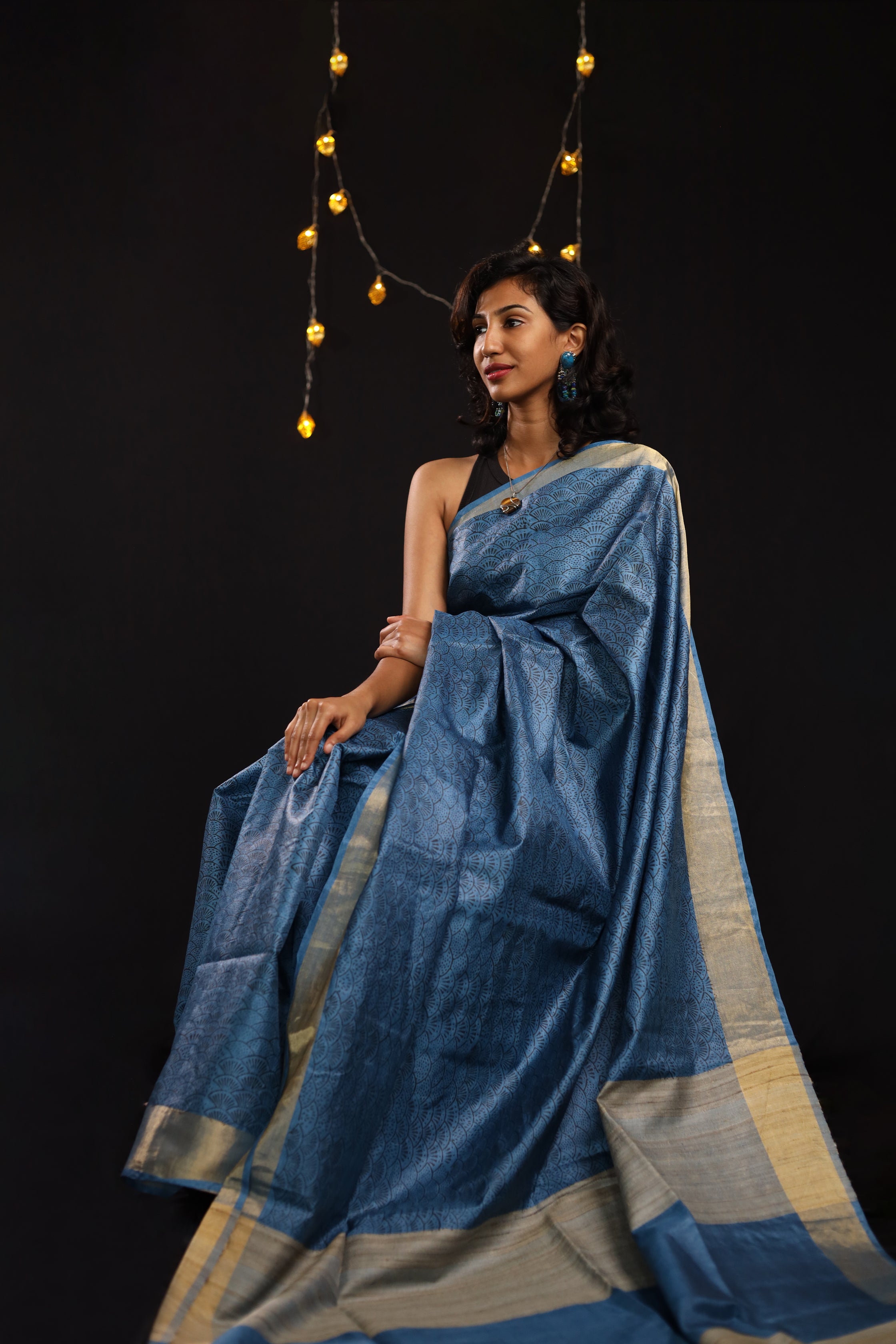 Seigaiha Waves Blue Handblock Printed Handwoven Tussar Silk Saree