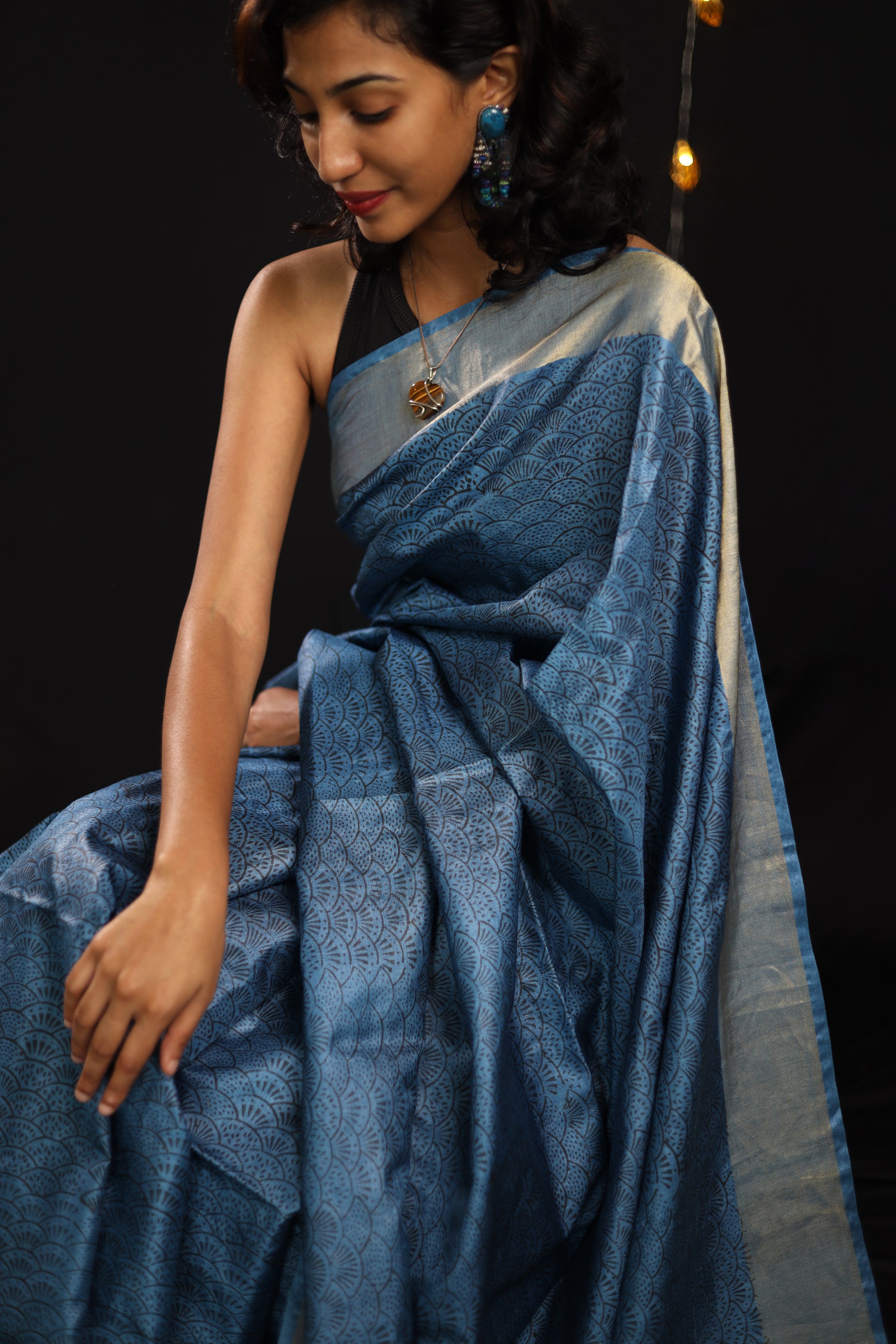 Seigaiha Waves Blue Handblock Printed Handwoven Tussar Silk Saree