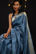 Seigaiha Waves Blue Handblock Printed Handwoven Tussar Silk Saree