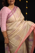 Pale Flowers Lilac and Pink Handblock Printed Handwoven Vidarbha Tussar Silk Saree