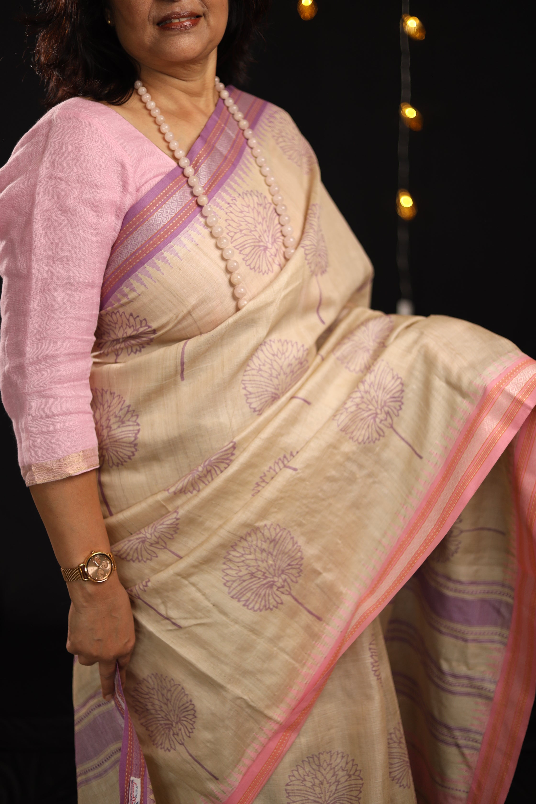 Pale Flowers Lilac and Pink Handblock Printed Handwoven Vidarbha Tussar Silk Saree
