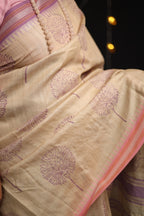 Pale Flowers Lilac and Pink Handblock Printed Handwoven Vidarbha Tussar Silk Saree