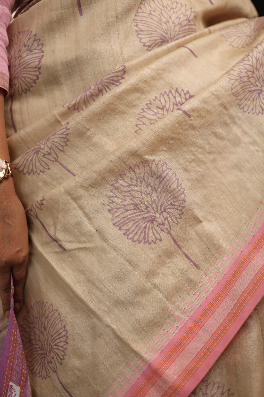 Pale Flowers Lilac and Pink Handblock Printed Handwoven Vidarbha Tussar Silk Saree