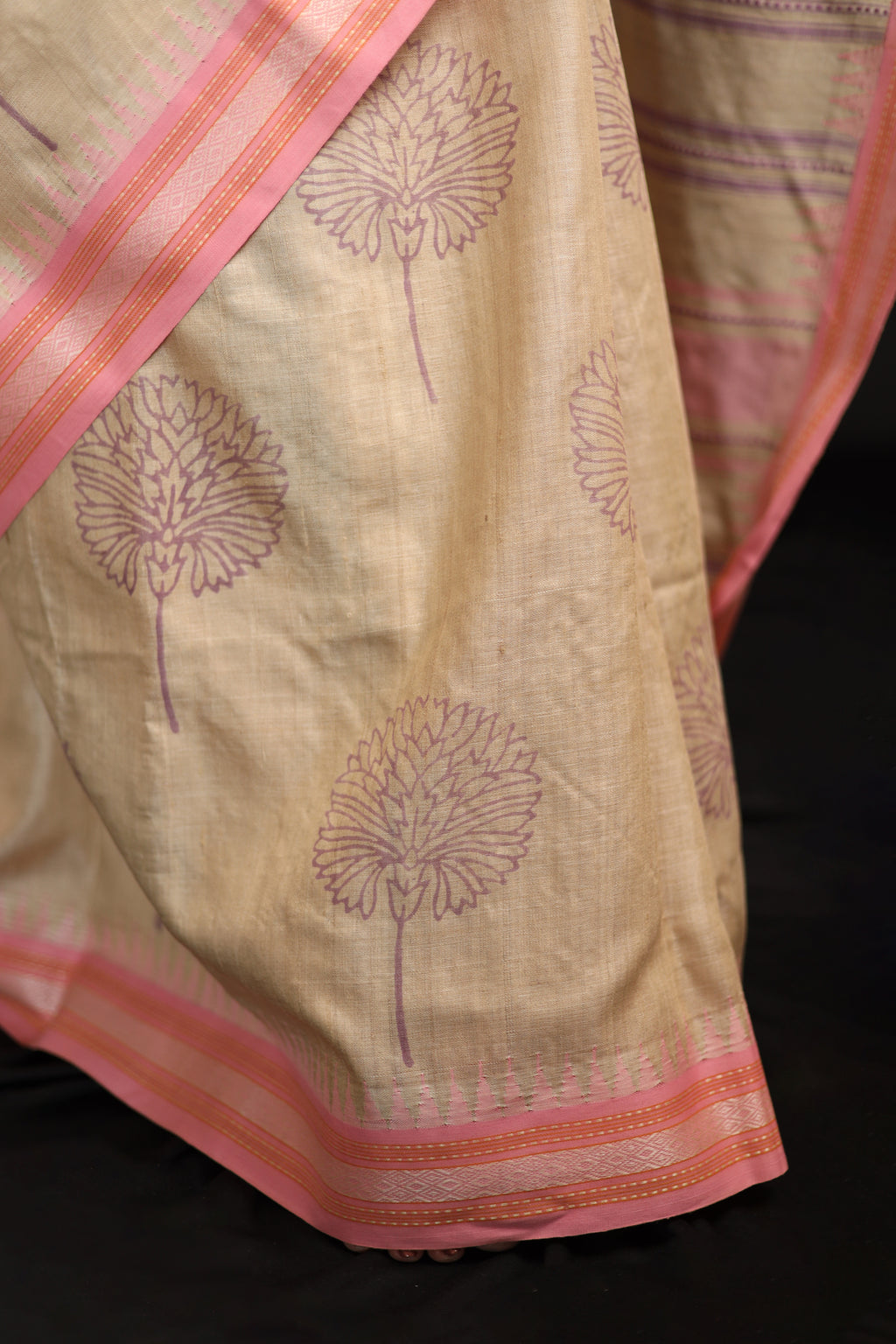 Pale Flowers Lilac and Pink Handblock Printed Handwoven Vidarbha Tussar Silk Saree