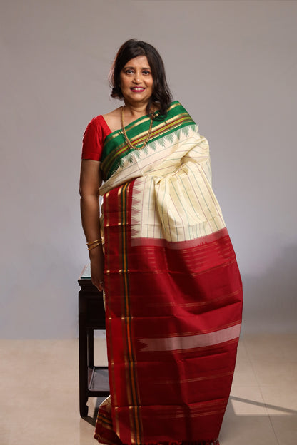 Ivory & Gold Striped Kanjivaram Silk