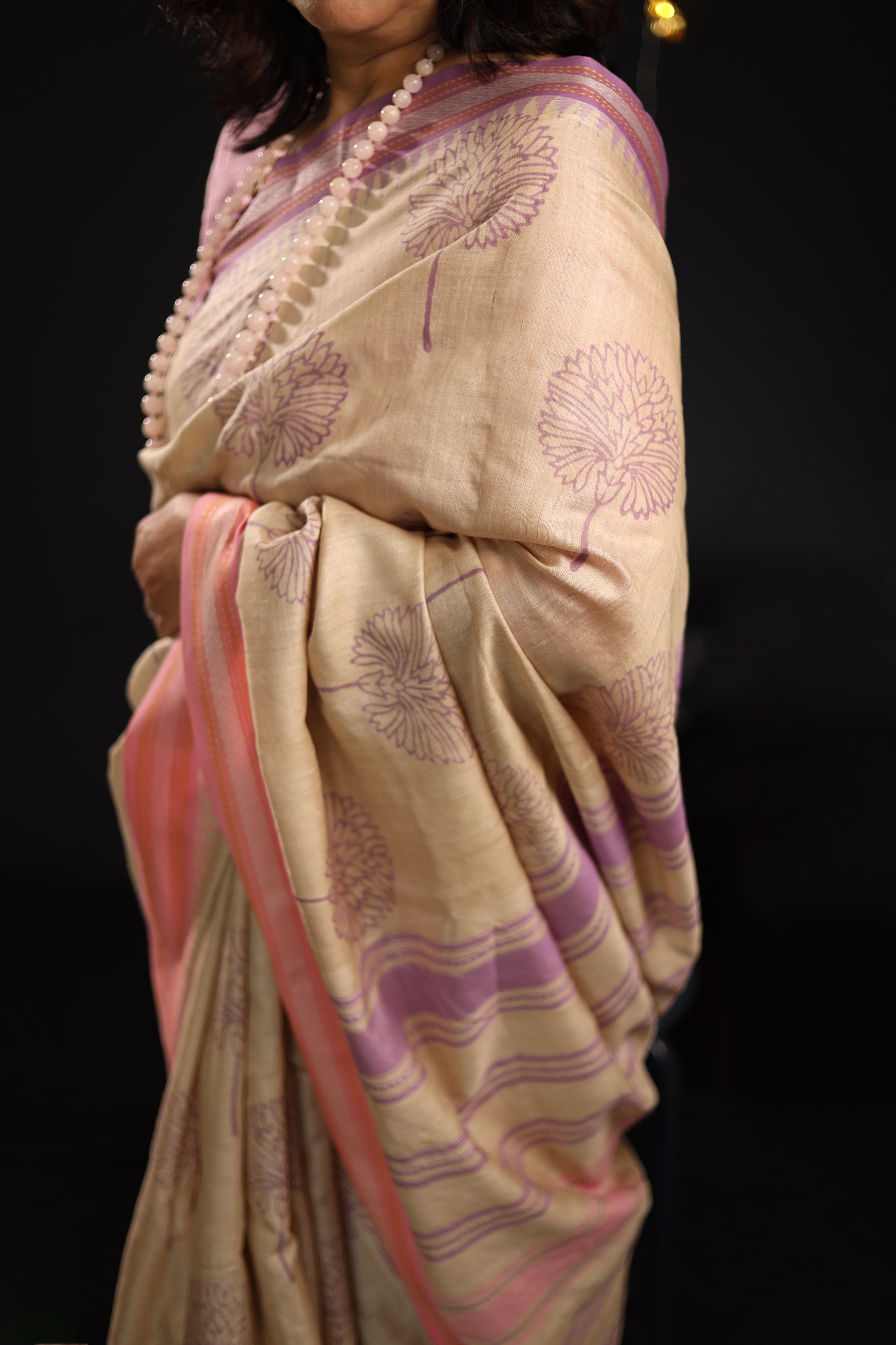 Pale Flowers Lilac and Pink Handblock Printed Handwoven Vidarbha Tussar Silk Saree