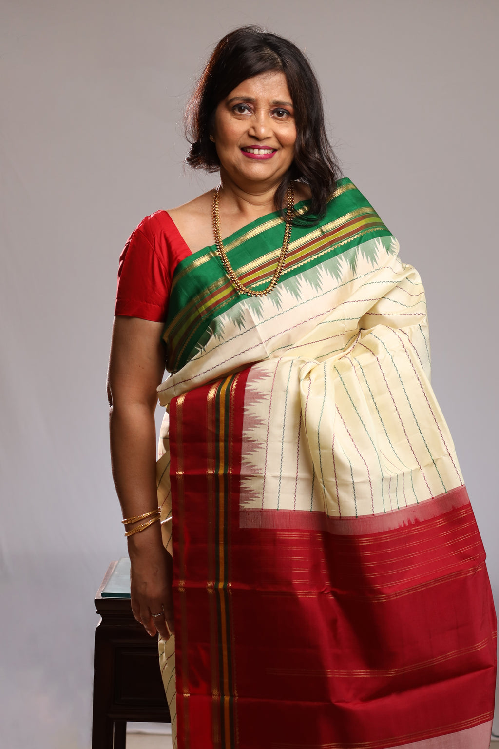 Ivory & Gold Striped Kanjivaram Silk