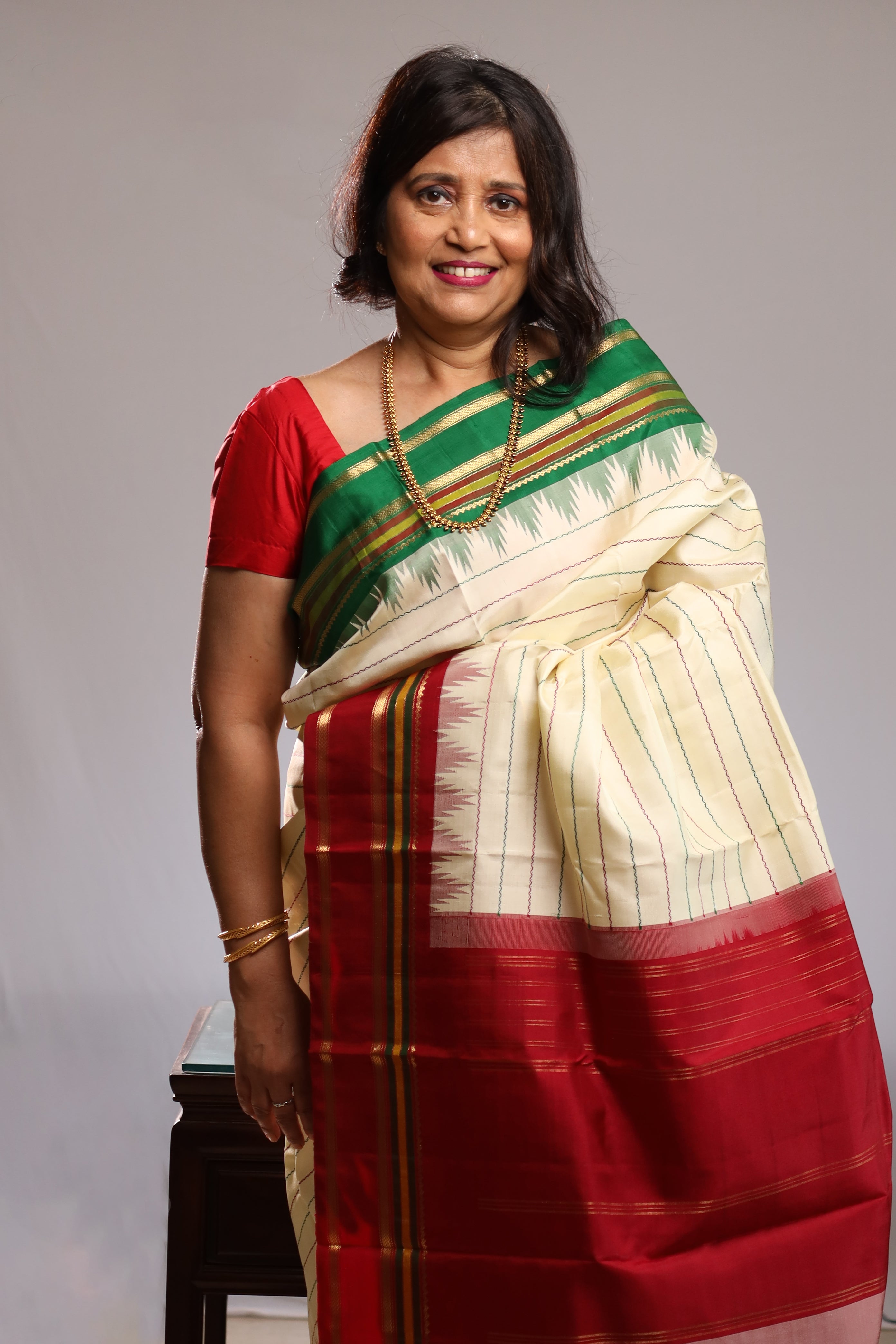 Ivory & Gold Striped Kanjivaram Silk