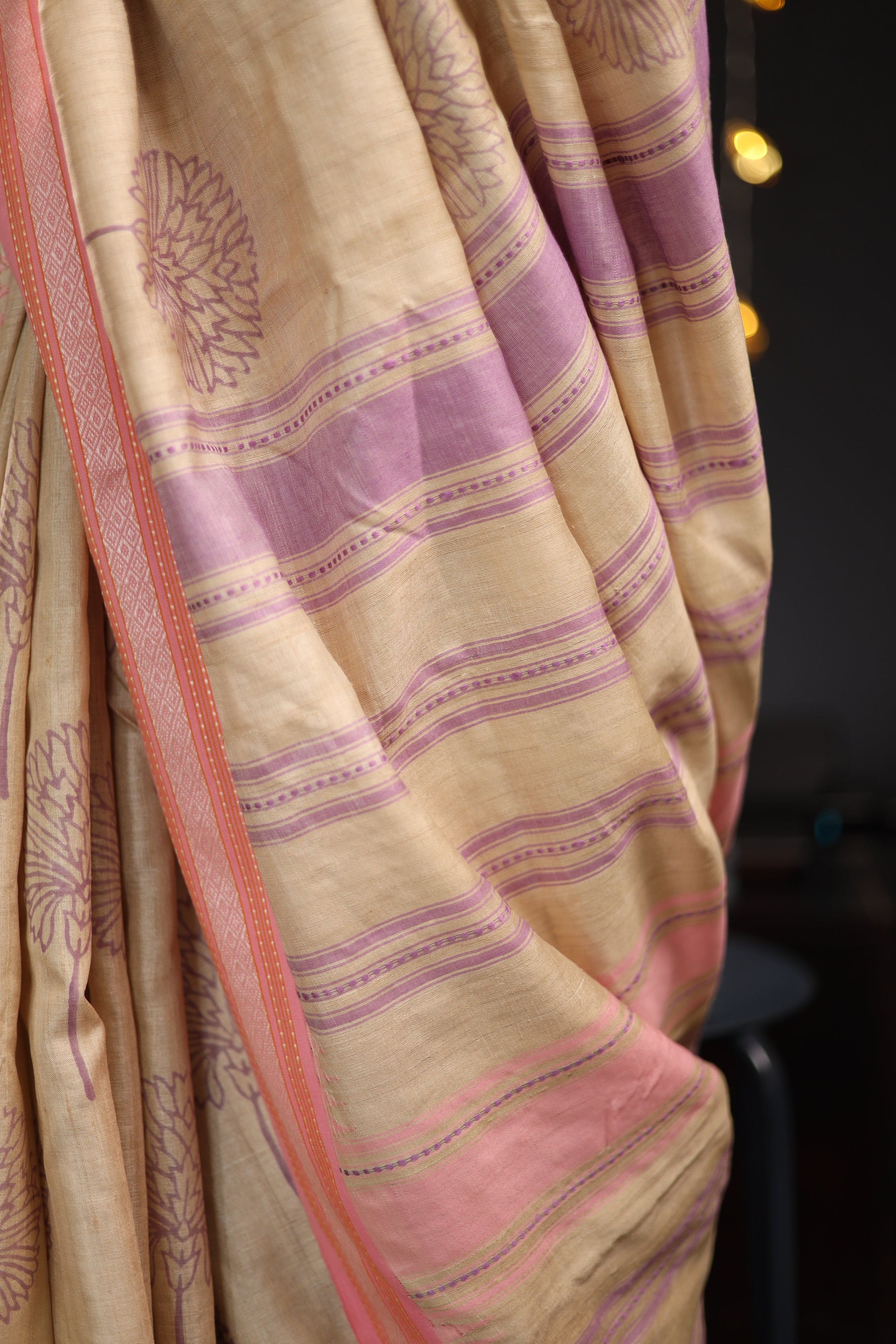 Pale Flowers Lilac and Pink Handblock Printed Handwoven Vidarbha Tussar Silk Saree