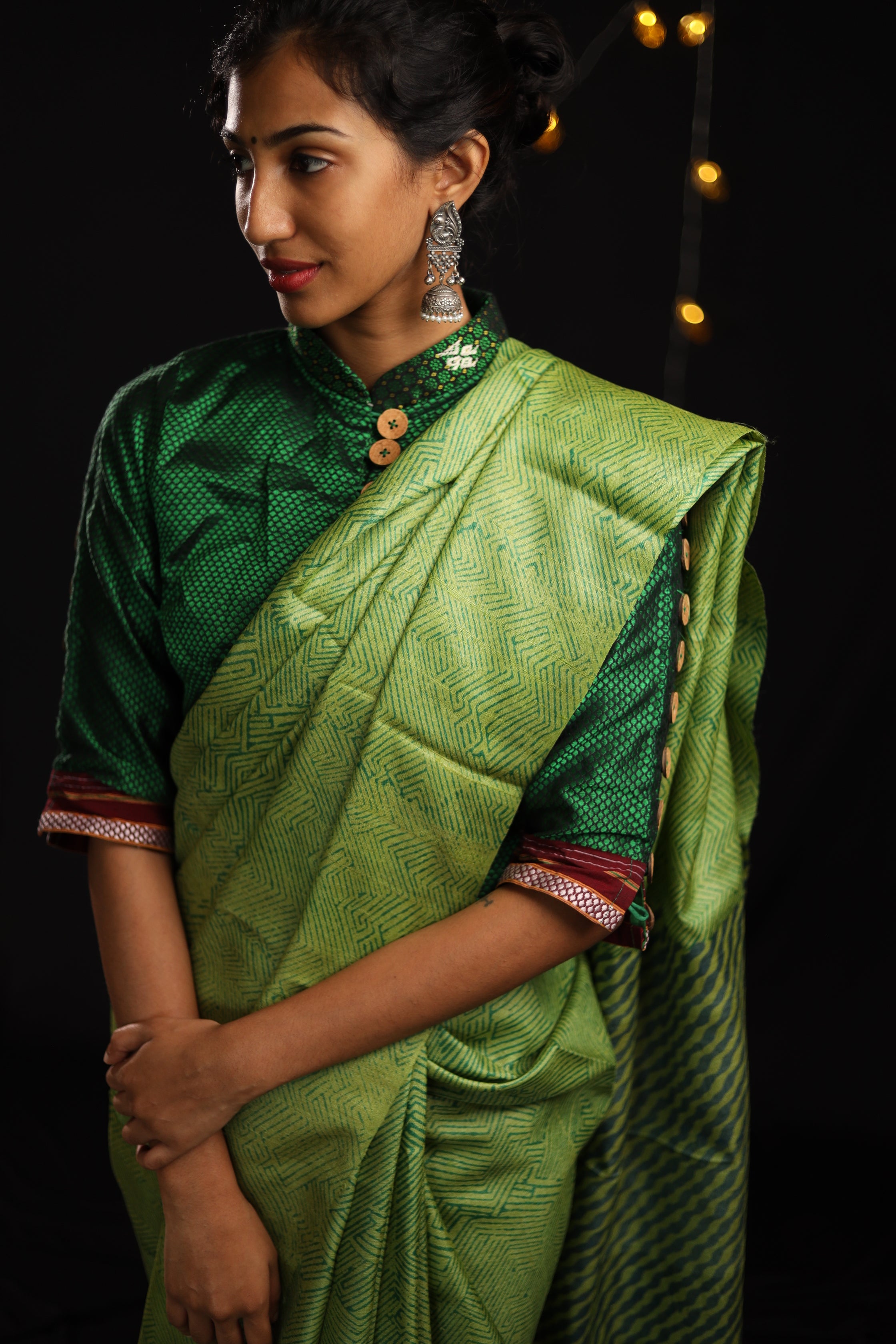 Evergreen Zentangle Handblock Printed Handwoven Tussar Silk Saree