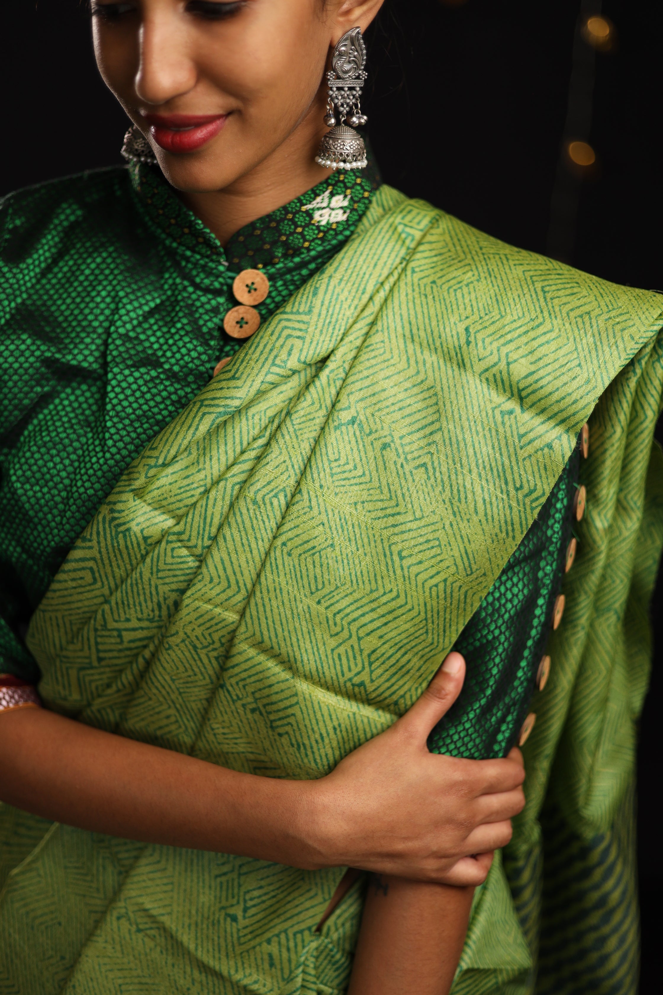 Evergreen Zentangle Handblock Printed Handwoven Tussar Silk Saree