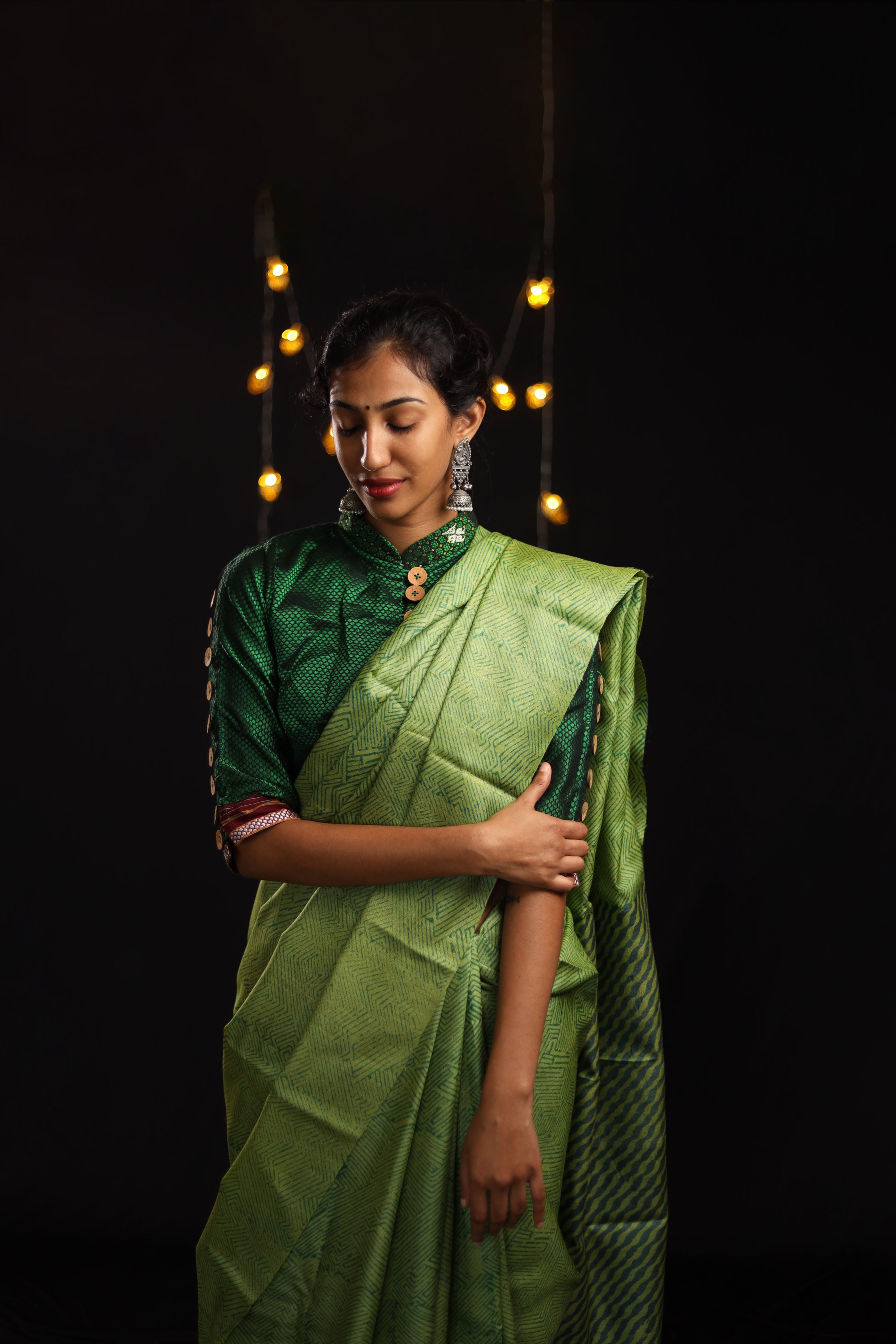 Evergreen Zentangle Handblock Printed Handwoven Tussar Silk Saree