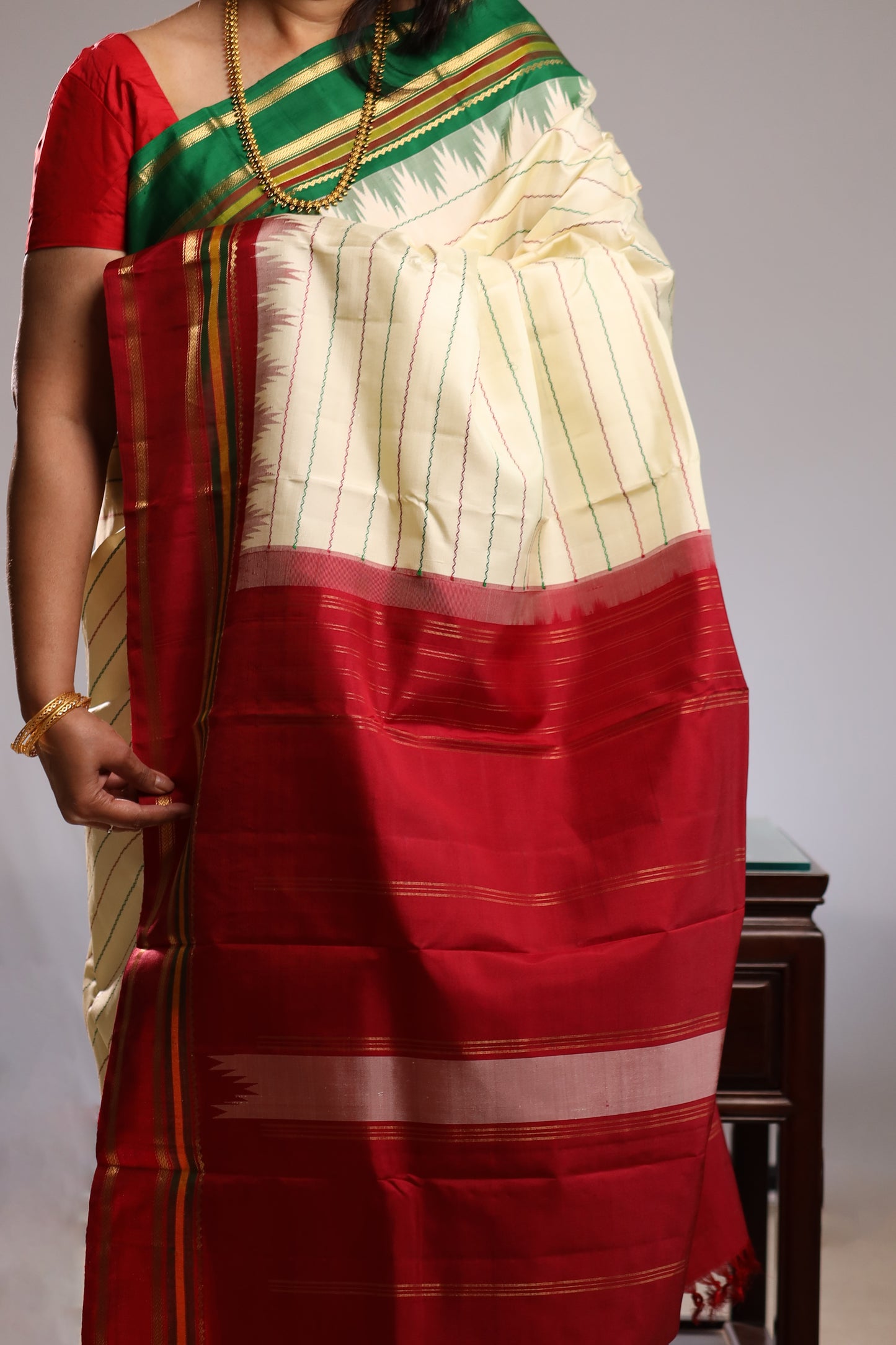 Ivory & Gold Striped Kanjivaram Silk