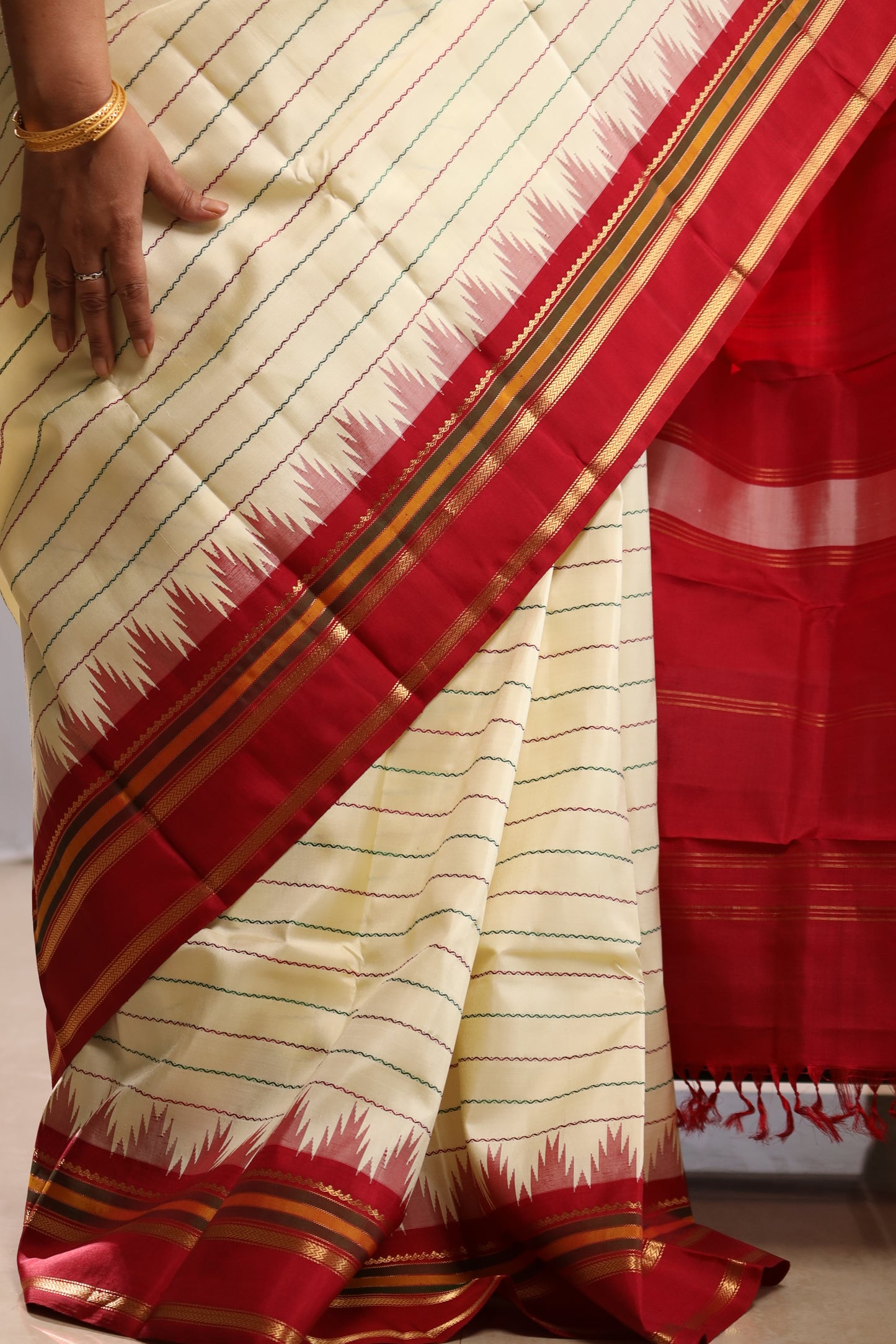 Ivory & Gold Striped Kanjivaram Silk