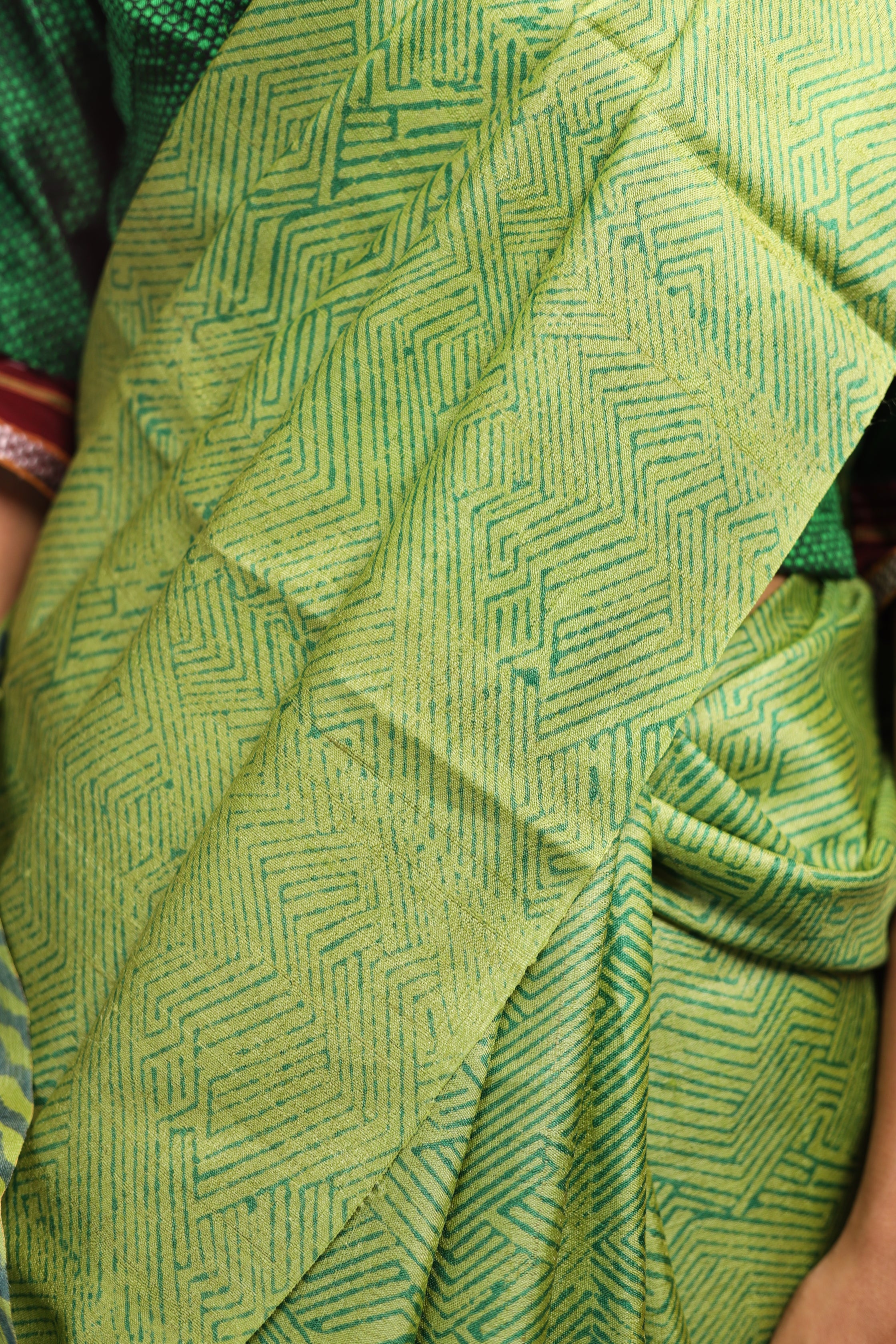 Evergreen Zentangle Handblock Printed Handwoven Tussar Silk Saree