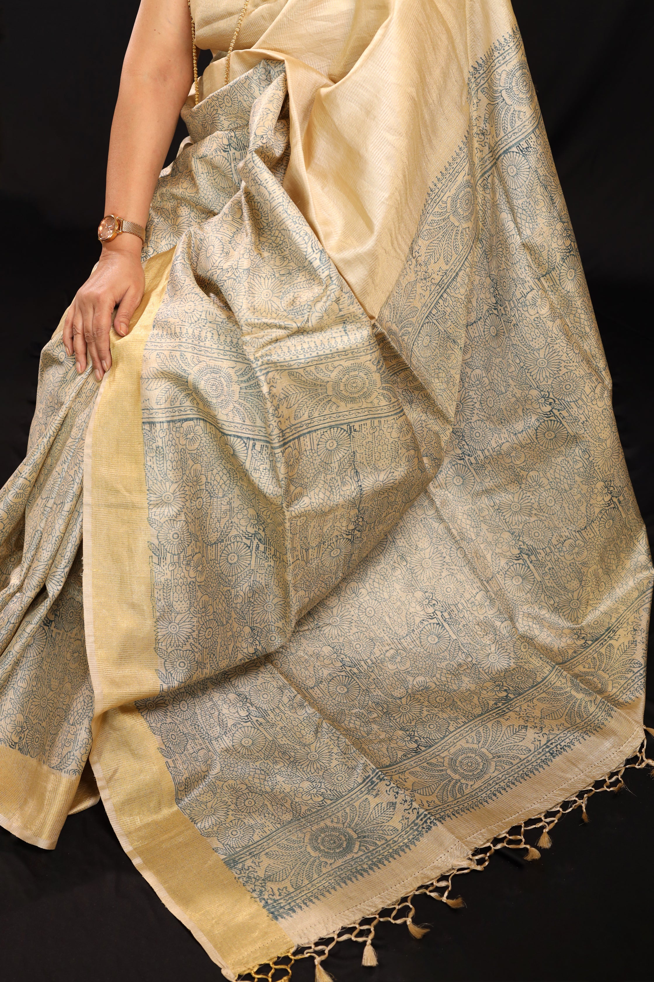 Vision in Gold Handblock Printed Handwoven Tussar Silk Saree