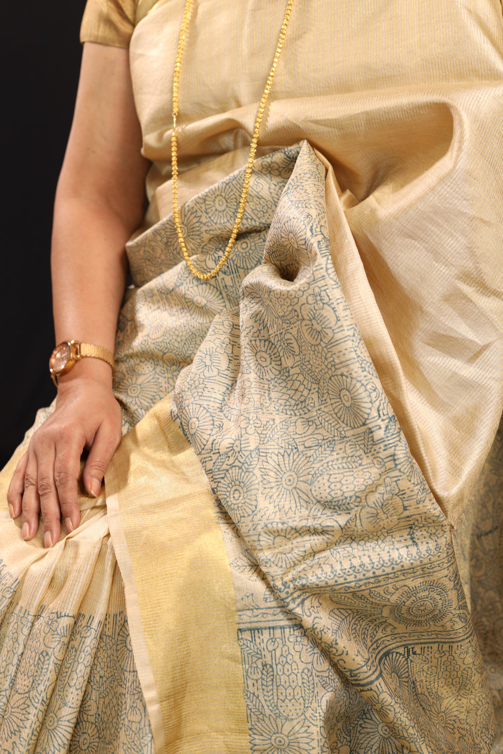 Vision in Gold Handblock Printed Handwoven Tussar Silk Saree