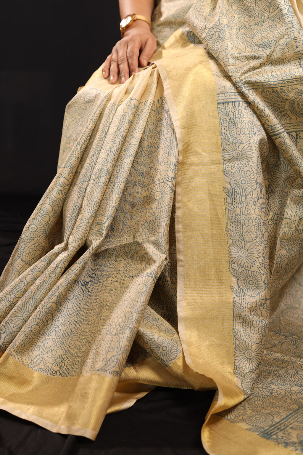 Vision in Gold Handblock Printed Handwoven Tussar Silk Saree