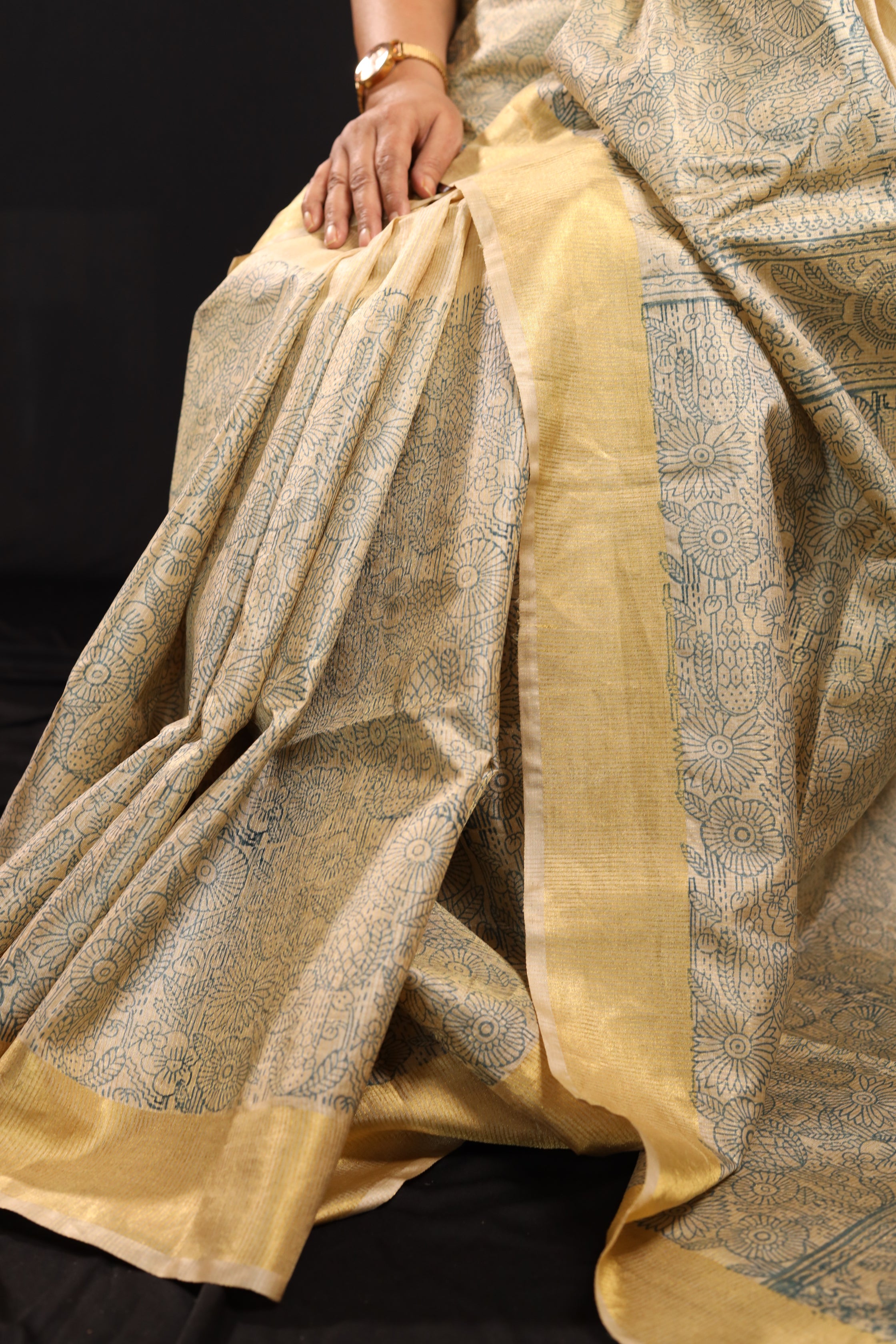 Vision in Gold Handblock Printed Handwoven Tussar Silk Saree