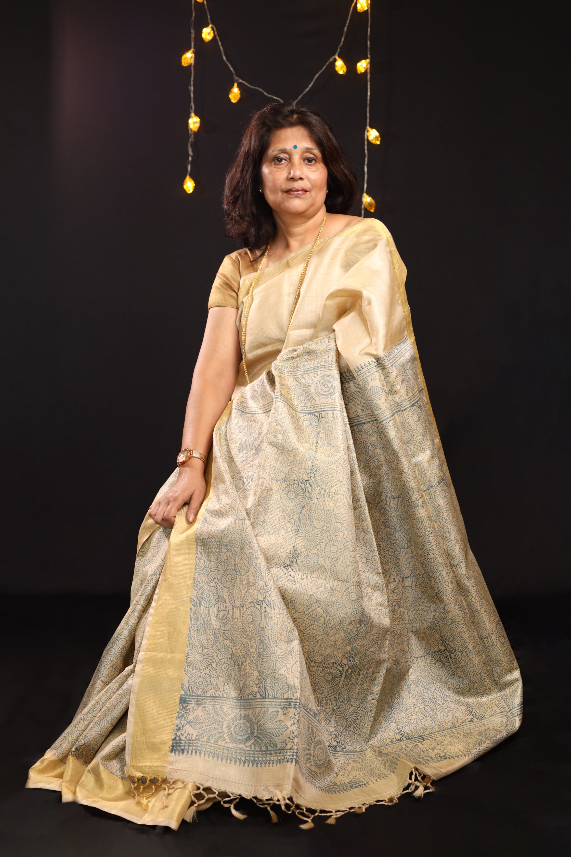 Vision in Gold Handblock Printed Handwoven Tussar Silk Saree