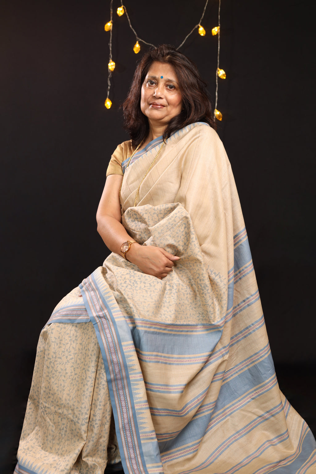 Pale Blue Flowers Handblock Printed Handwoven Vidarbha Tussar Silk Saree