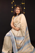 Pale Blue Flowers Handblock Printed Handwoven Vidarbha Tussar Silk Saree